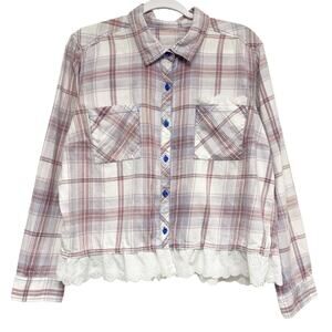 Vintage Womens Plaid Eyelet Ruffle Trip Button Up Long Sleeve Crop Top